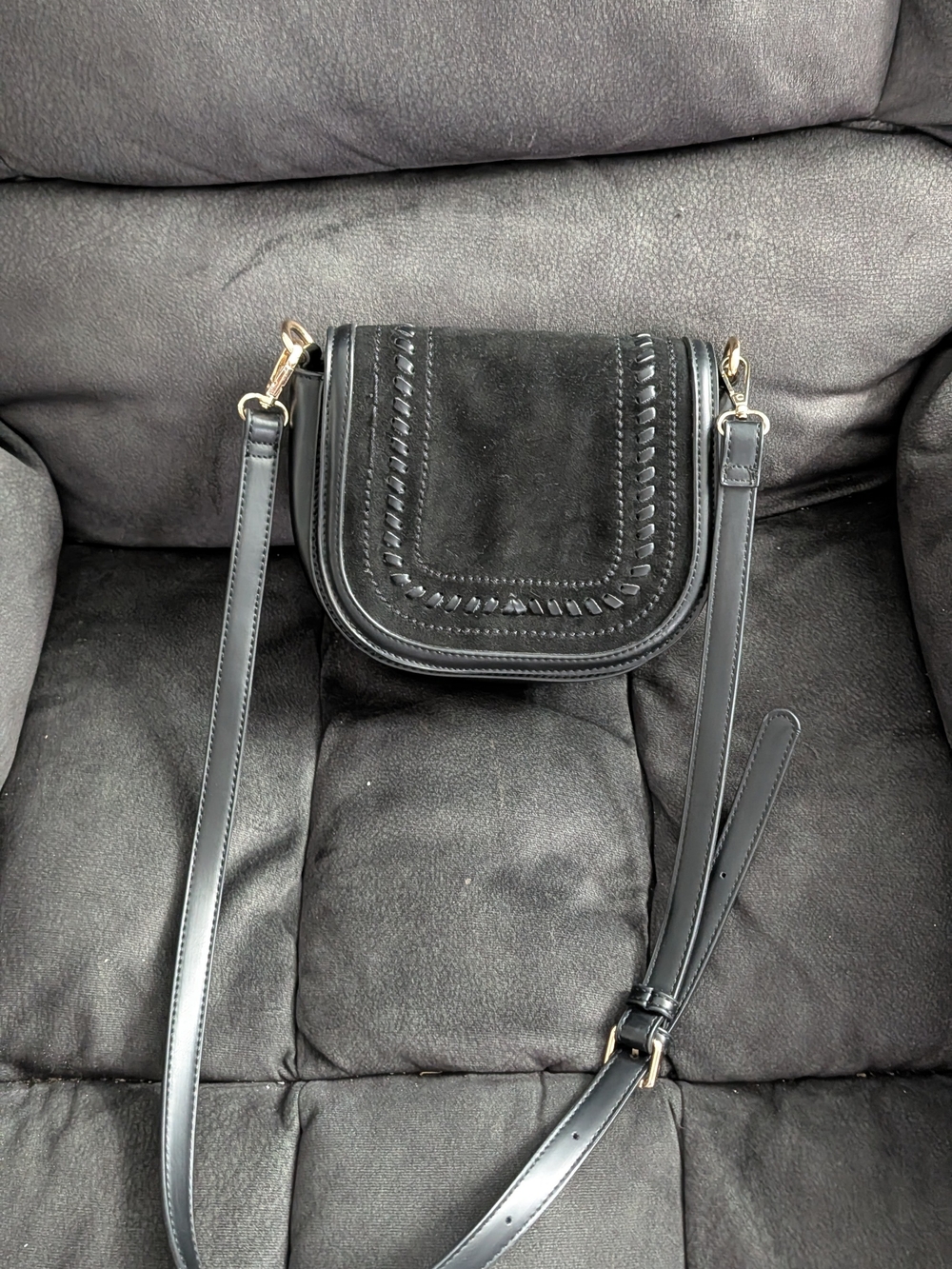 Moda Luxe Black Crossbody Saddle Bag with Woven Detail
